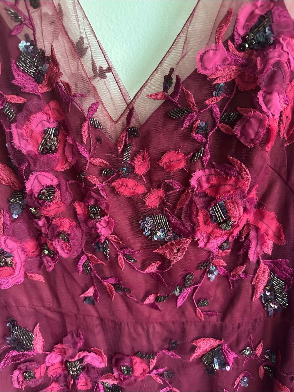 Theia Rose-Motif Long Sleeve Tulle Gown in Wine - Picture 3 of 5